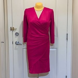 Vintage 80s Charlie G Fuscia Faux Wrap Dress with Rhinestones
